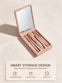 5PCS Rose Gold Soft Fluffy Makeup Brush Set With Portable Mirror, Soft Bristles Skin-Friendly, Includes Multiple Makeup Tools, Easy To Store And Carry, Suitable For Daily Makeup, Also Perfect As Exquisite Gift For Halloween And Christmas - Multicolor - View 6