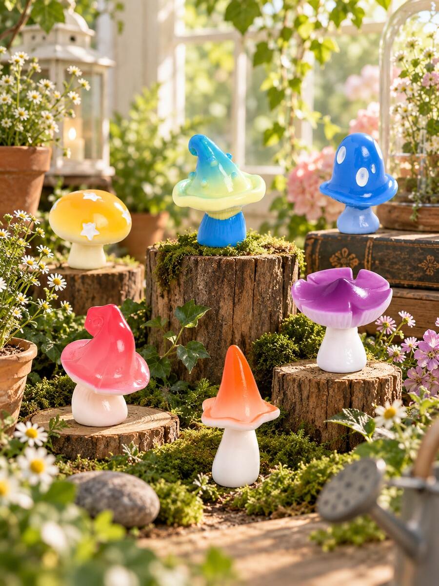 3pcs/Set 6 Colors Mushroom Garden Decor, ABS Resin Decorative Mushroom Figurines, Suitable For Fairy Garden, Flower Pot, Micro Landscape And Home Garden Decoration - Colorful Mushroom - View 1