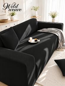 1pc Solid Color Milk Silk Stretch Sofa Cover + 1pc Matching Pillow Cover Without Filler, Suitable For All Seasons - Black - View 2