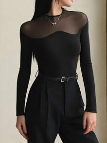 Women's Black Knitted Long Sleeve Top, Mesh Patchwork Semi-Sheer Design, Fashion Slim Fit Autumn Style - Black - View 1