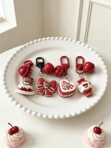 3pcs Random Mixed Cartoon Vintage Berry Red Heart Bow Cherry Cake Bell Keychains, Japanese Girly Style Best Friend Gift, Backpack Charm, Versatile Holiday Gift - Multicolor - View 3