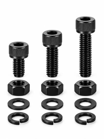 20 bộ vít lục giác đầu chảo M3/M4 kèm đai ốc, vòng đệm phẳng và vòng đệm vênh, bu lông đen ren suốt hệ mét, nhiều chiều dài 6–20mm cho DIY, nội thất, máy móc và sửa chữa gia đình
