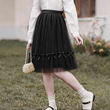 Black Ballet Girl Mid-Length Summer Tutu Dress With Bow Decoration And Fluffy Tulle Layers, Perfect For Parties, Performances And Casual Outings - Black - View 3