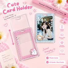 Kawaii Pink ID Card Holder With Retractable Reel, Cute Clear Sliding Card Case, Aesthetic Badge Holder With Charm For Daily Use - Multi-color - View 4