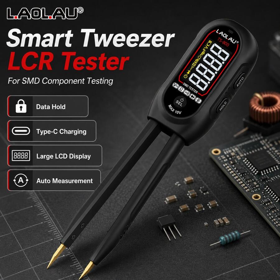 Smart Tweezer SMD Component Tester With Auto Identification, LCD Display, Data Hold, Type-C Charging, Gold-Plated Test Tips For Resistor, Capacitor, Diode And Inductor Testing - Multicolor - View 1