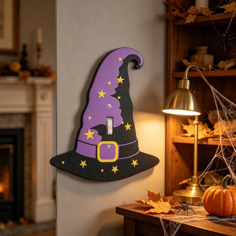 1pc Purple Wizard Hat Shaped 3D Printed Plastic Switch Panel, Decorated With Yellow Star Pattern, Halloween Theme Wall Switch Decorative Cover Plate - Multicolor - View 1