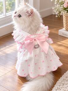 Princess Style Cat Dress, Pink Heart Print, Layered Ruffle Shoulder Decor And Large Satin Bow, Soft Cotton Gauze Fabric, With D-Ring Chest Harness, Suitable For Small Pets Summer Daily Wear - New Arrival - Pink - View 4