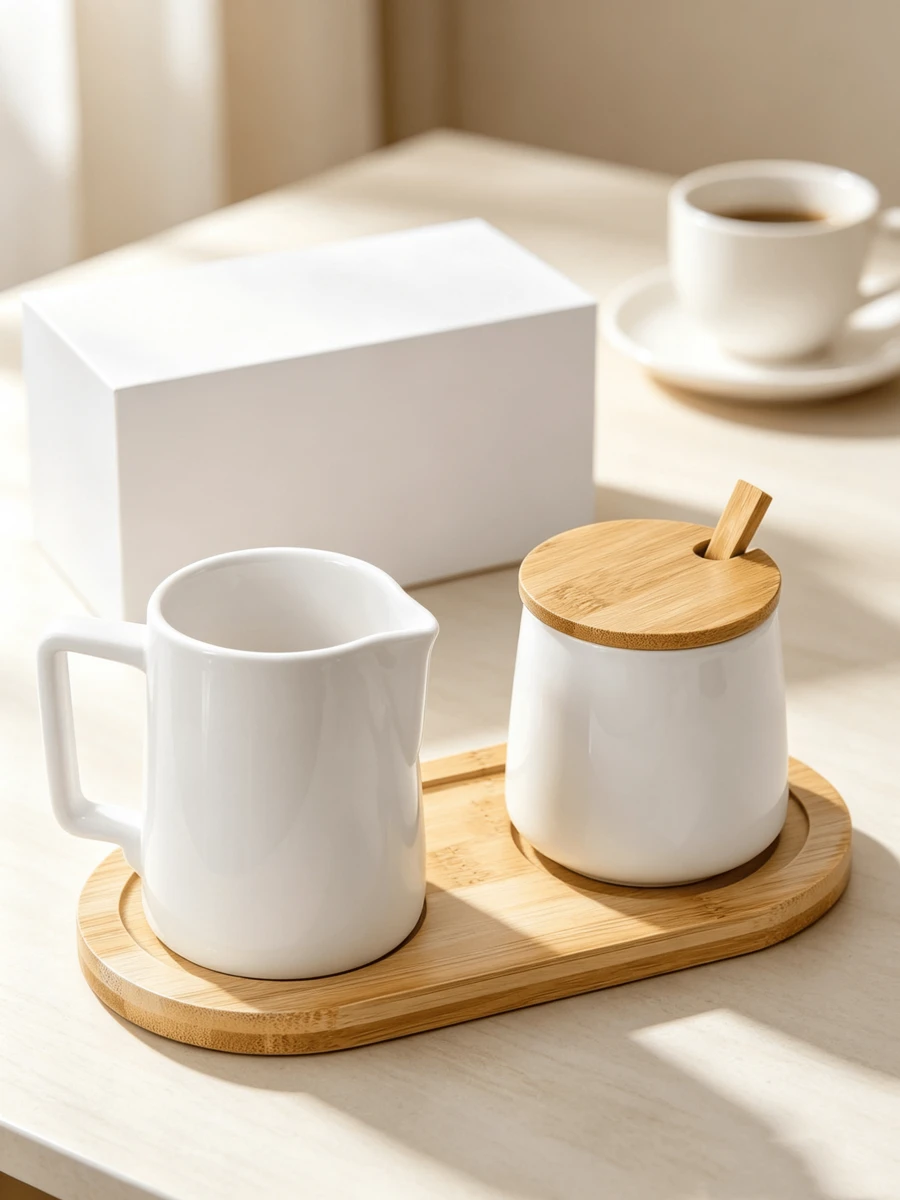 A Set Featuring A White Ceramic Milk Jug And A Sugar Bowl With Bamboo Lids, Including A Spoon And A Bamboo Tray – The Perfect Accessory For Enjoying Espresso And Cappuccino - White - View 1