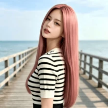 Women's 28-Inch Pink Long Straight Synthetic Wig - Natural Look, Middle Part Design, Suitable For Daily Wear, Party Dress-Up, Halloween, Holiday Headwear, Photography Styling, Cosplay - Pink - View 6