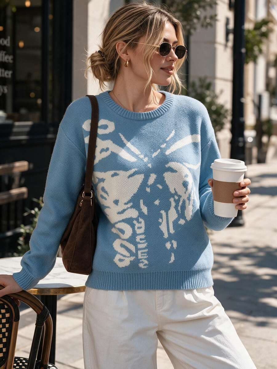 2026 Retro French Butterfly Jacquard Knit Pullover, Light Blue Crew Neck Long Sleeve Loose Sweater, Casual Women Fall Top - Sky Blue - View 1