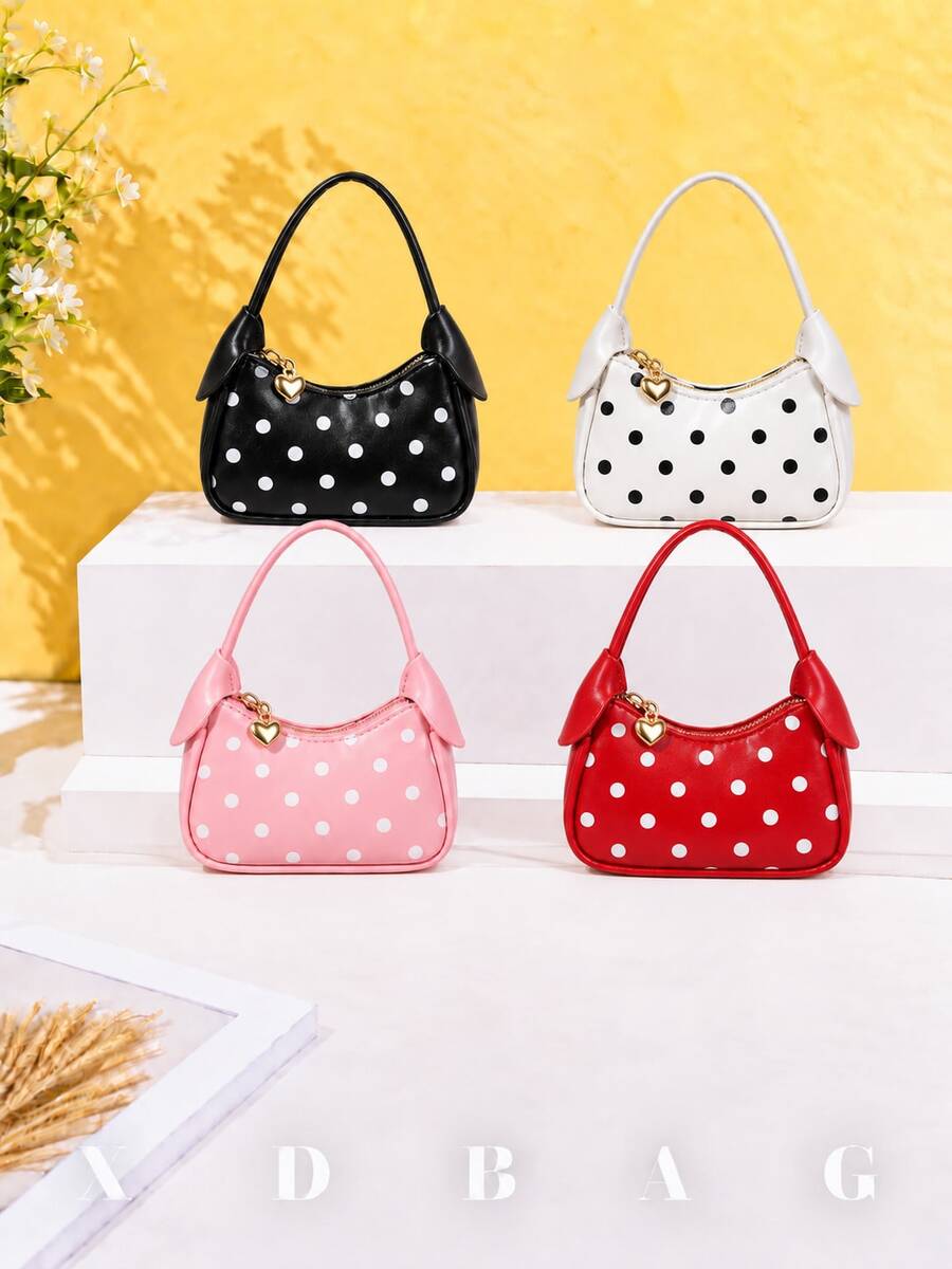 XD Mini Compact Girls Polka Dot Underarm Bag, Cute Crescent Moon With Star Pattern Mini Handbag, Vintage Polka Dot Style, Suitable For Storing Children's Small Items, Underarm And Handheld Dual Modes, Perfect Gift For Valentine's Day And Halloween For Kids