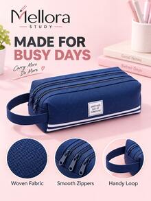 1Pc/6pcs Large Capacity Canvas Pencil Case With Handle, Double Zipper Multi‑Layer Pencil Pouch, Solid Color Portable Stationery Bag For Students Back To School Supplies - Double Zipper - View 5
