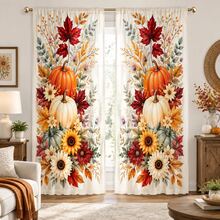 2pcs Three-Color Pumpkin & Floral Pattern Semi-Sheer Bedroom Curtains, 90GSM Polyester Semi-Transparent Privacy Protection, Mori Style Living Room Curtains, Kitchen Curtains, Suitable For Home, Room, Kitchen Partition Or Decoration, Rod Pocket Design Easy Installation, Quick Dry Water-Resistant Non-Fading, Lightweight Removable Washable Curtains - Multicolor - View 9