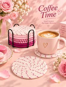9Pcs/Set Cute Pink Handmade Braided Coaster Set With Storage Holder, Heat Resistant Non-Slip Reusable Drink Mat, Woven Coffee Tea Mug Pad, Aesthetic Fall Home Kitchen Dining Decor, Holiday Gift For Christmas Thanksgiving & Daily Use. Room Decor - Multicolor - View 7