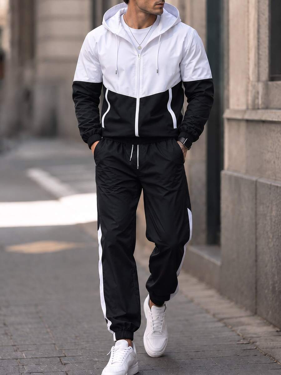 1 Set Men's Autumn Colorblock Sports Outfit, Zip-Up Hooded Jacket + Joggers, Casual Street Style