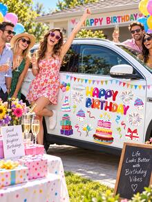 1組彩色生日快樂汽車磁鐵貼紙套組，含蛋糕、氣球、禮物與橫幅磁鐵貼紙，節日車輛裝飾生日慶祝派對用品 - 生日 - 查看 8