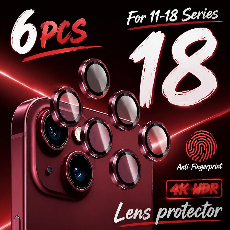 XINHONGYU 6pcs Camera Lens Protector Film, Compatible With Phone Duo-Phone 17 Pro Max, 17 Air, 17 Pro, 16 Pro Max, 16, 15, 15 Plus, 14, 13, 12, 11 Mini Plus Pro Max, Shiny Single Layer Metal Glitter, 9H Hardness Anti-Scratch Screen Protector, Fashion Accessory, Thoughtful Protective Case (Red) - 6pcs - View 1