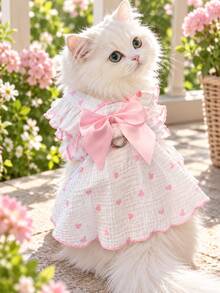 Princess Style Cat Dress, Pink Heart Print, Layered Ruffle Shoulder Decor And Large Satin Bow, Soft Cotton Gauze Fabric, With D-Ring Chest Harness, Suitable For Small Pets Summer Daily Wear - New Arrival - Pink - View 2
