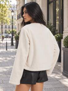 Women's Fleece Jacket, Casual Faux Sherpa, Metal Button, Round Neck, Thick, Warm Outerwear For Autumn/Winter - Beige - View 5