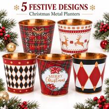 قطعة واحدة من أواني النباتات المعدنية لعيد الميلاد مع داخل ذهبي، أواني زهور زخرفية مع طباعات احتفالية للعطلات، حاويات نباتات صغيرة مستديرة لسطح الطاولة والمنزل والحفلات وسلة الهدايا وديكور عيد الميلاد - أصيص زهور عيد الميلاد - مشاهدة 10