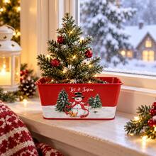 1pc Christmas Metal Planter Box, Red Rectangular Holiday Flower Pot With Snowman And Santa Claus Pattern, Decorative Plant Container For Christmas Table Centerpiece, Home Decor, Party And Gift Basket - Christmas Flower Pot - View 5