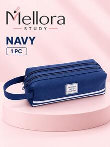 1Pc/6pcs Large Capacity Canvas Pencil Case With Handle, Double Zipper Multi‑Layer Pencil Pouch, Solid Color Portable Stationery Bag For Students Back To School Supplies - Double Zipper - View 9