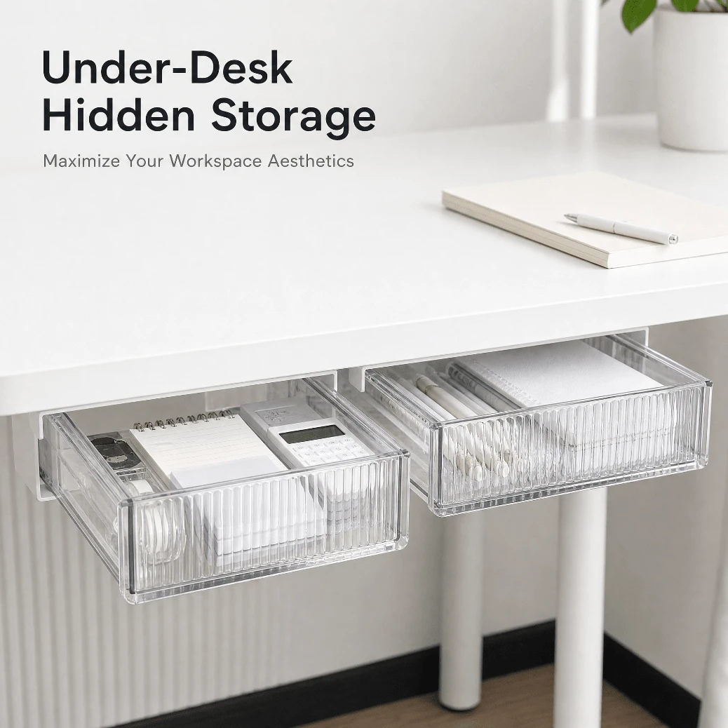 1pc Minimalist Transparent Acrylic Under-Desk Drawer Storage Box, No-Drill Self-Adhesive Hidden Hanging Storage Tray, Suitable For Office, Home, Student Desk, Dorm Stationery And Miscellaneous Items, Drawer Divider Organizer, Space-Saving Dust-Proof Box, Vanity Makeup Small Item Storage Bin, Desktop Storage Accessory, Bedroom Vanity Storage Rack, Office Desk Organizer Storage Box, Transparent Plastic Container, Wall-Mounted Pen Holder Jewelry Box
