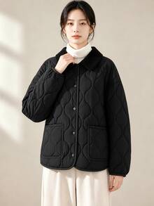 YUXIN Women's Loose Quilted Jacket Black Thickened Warm Coat Corduroy Collar Front Button Pockets Design Versatile Casual Top Suitable For Office Commute Travel Date Autumn Winter - Black - View 3