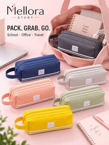 1Pc/6pcs Large Capacity Canvas Pencil Case With Handle, Double Zipper Multi‑Layer Pencil Pouch, Solid Color Portable Stationery Bag For Students Back To School Supplies - Double Zipper - View 1