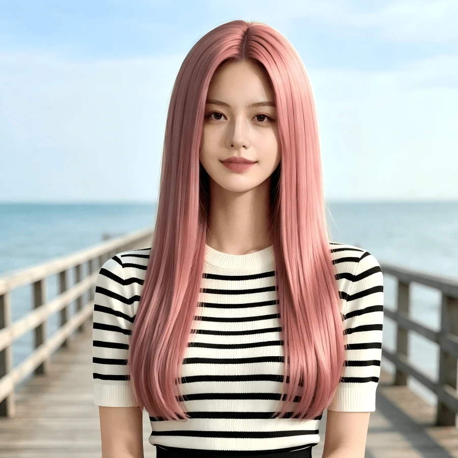 Women's 28-Inch Pink Long Straight Synthetic Wig - Natural Look, Middle Part Design, Suitable For Daily Wear, Party Dress-Up, Halloween, Holiday Headwear, Photography Styling, Cosplay - Pink - View 1