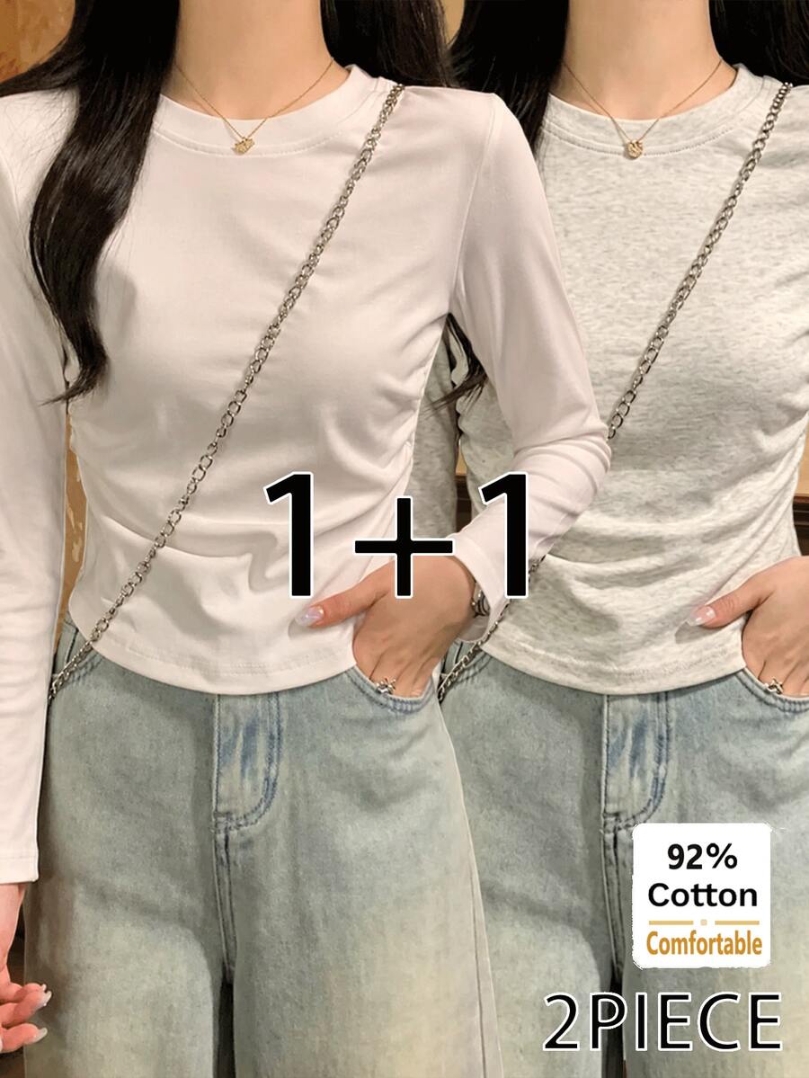 2件組秋季新款女款短款長袖T恤，側邊抽繩修身設計，時尚優雅 - 白色+花灰色 - 查看 1