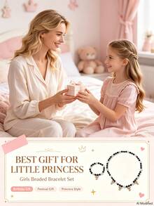 2Pcs Bow Pearl Beaded Necklace & Bracelet Set, For Autumn & Winter Daily Wear, Birthday & Year-End Party Gifts For Girls - Black - View 3