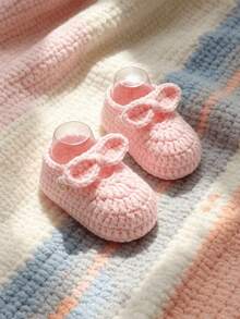 1 Pair Handmade Crochet Infant Booties With Bow, Knit Infant Shoes, Newborn Gift - Baby Pink - View 4
