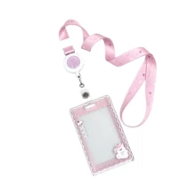 Kawaii Pink ID Card Holder With Retractable Reel, Cute Clear Sliding Card Case, Aesthetic Badge Holder With Charm For Daily Use - Multi-color - View 13