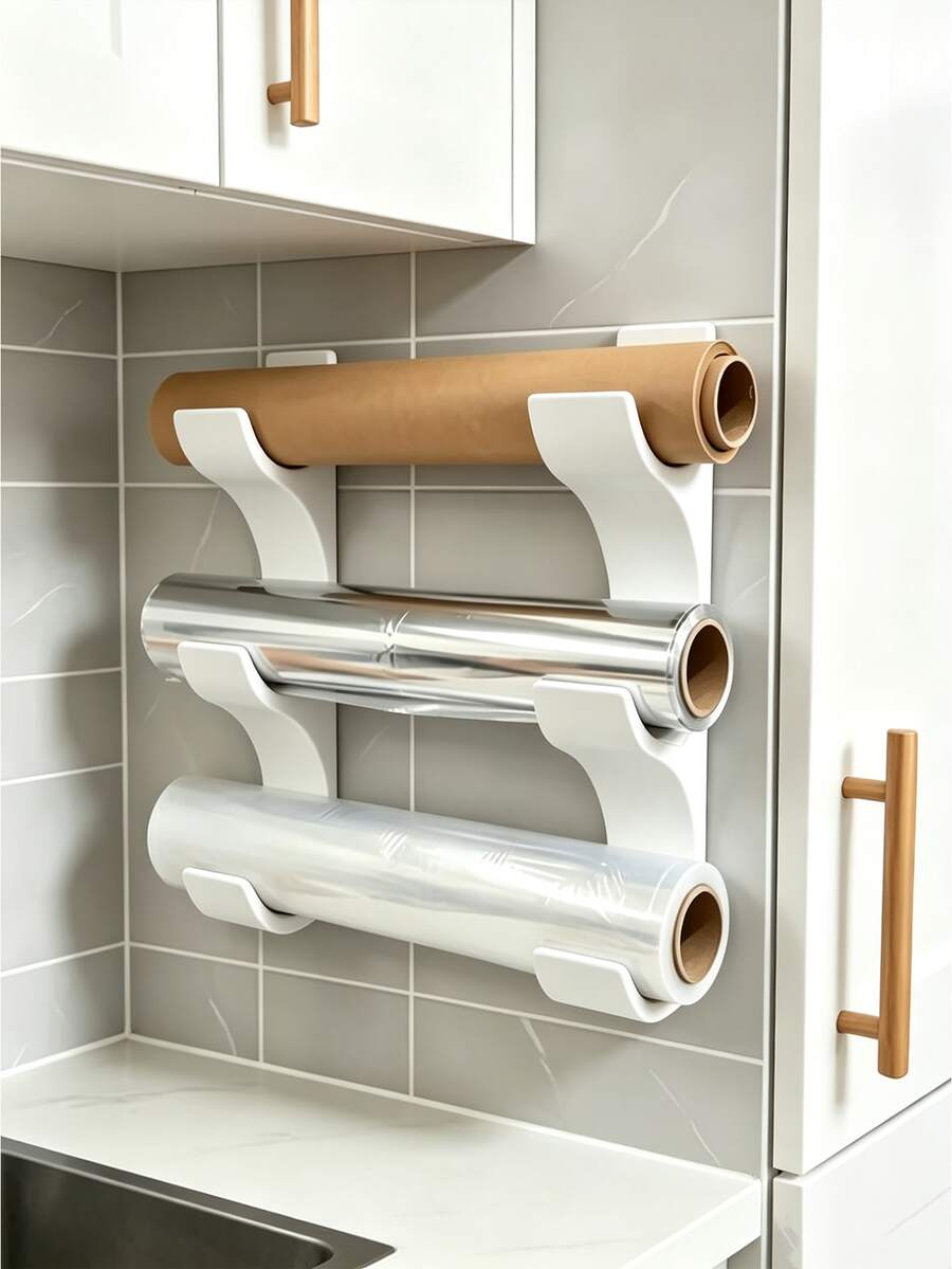 2Pcs Plastic Wrap Holder, Store Kitchen Paper, Plastic Wrap, Aluminum Foil, For Kitchen Counter & Cabinet, Holds 3 Rolls, Max 50mm Diameter, Space-Saving No Drill Mounting, Practical Housewarming Gift For Kitchen Lovers