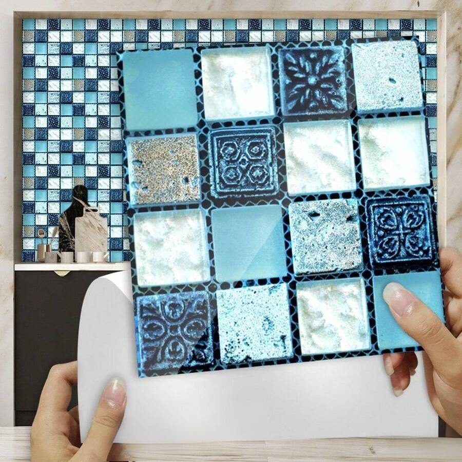 20*20cm Mosaic Tile Wall Sticker, Thickened PVC Sticker, Suitable For Bathroom Walls And Oil-Resistant Kitchen Walls, Waterproof And Oil-Resistant - Blue Puzzle Wall Sticker - View 1