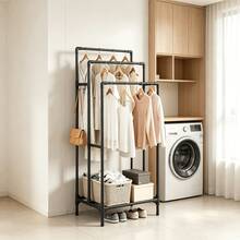 Thickened Painted Steel Pipe Floor Coat Rack, Rust-Resistant Strong Load-Bearing Not Easily Deformed, Three-Layer Partitioned Hanging, Side Multiple Hooks, Bottom Shelf Shoe Rack, Home Bedroom Vertical Coat Rack - Multi-tier Drying Rack - View 2