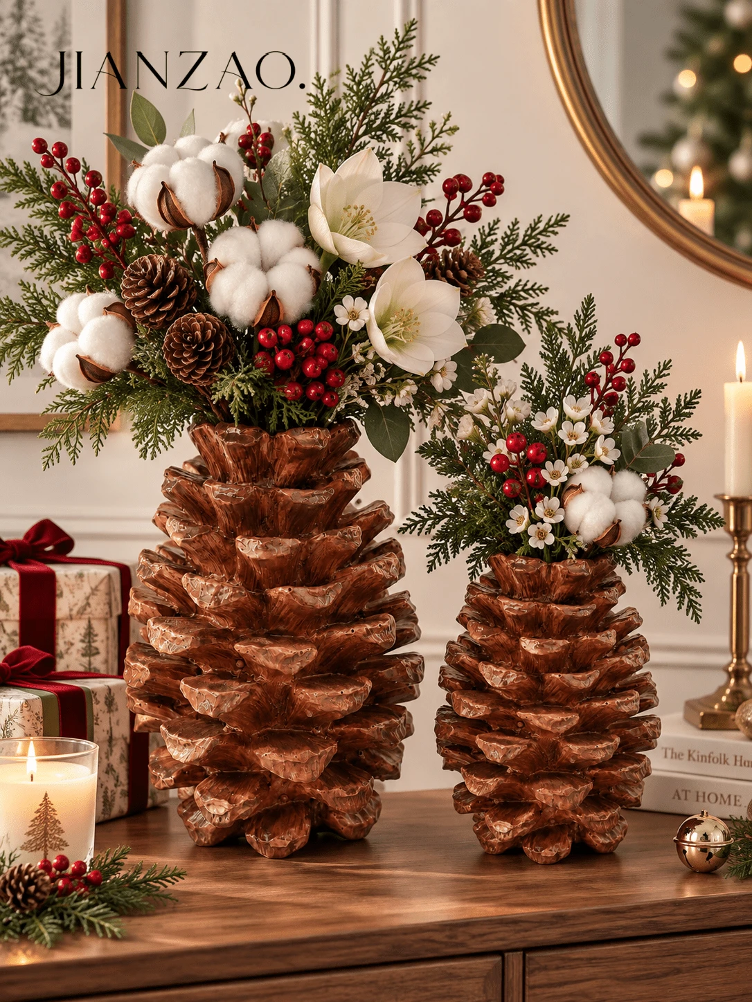 1pc Embossed Pine Cone Shape Vase, 2 Size Options, Rustic Winter Tabletop Flower Holder, Christmas Holiday Living Room Dining Table Decor, Perfect Housewarming Gift - Pine Cone Vase - View 1