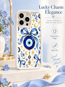 1pc Bohemian Blue Ribbon Evil Eye Moon Star Phone Case, Watercolor Bow Hamsa Hand Floral Cream Frame Full Coverage Shockproof Soft Protective Shell Compatible With IPhone 18 17 16 15 14 13 12 11/Pro/ProMax/X/XR/XS/XSMAX/7/8/PLUS /Honor - Beige - View 2