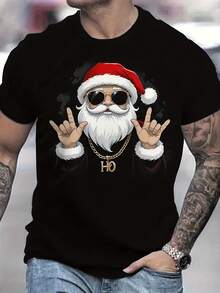 Men's Christmas Graphic T-Shirt, Cool Santa Claus Print Short Sleeve Crew Neck Tee, Casual Holiday Top, Festive Gift For Men - Black - View 2