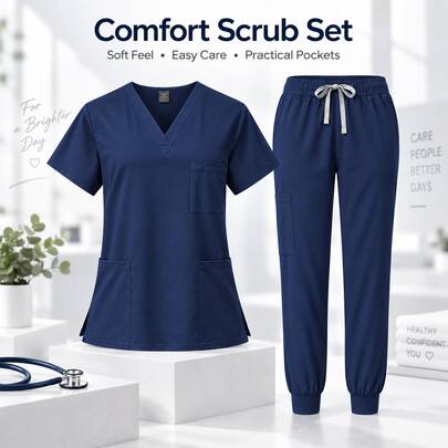 Comfort Fit Scrub Set Soft Fabric Jogger Pants Uniform With Functional Pockets Easy Care Workwear,Suitable For Professional Workplaces, Clinics, Studios, And Everyday Wear