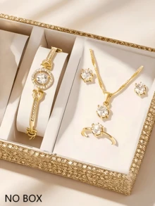 5pcs Elegant Heart Zirconia Jewelry Set, Twisted Chain Necklace, Stud Earrings & Open Ring Combination - Gold - View 1