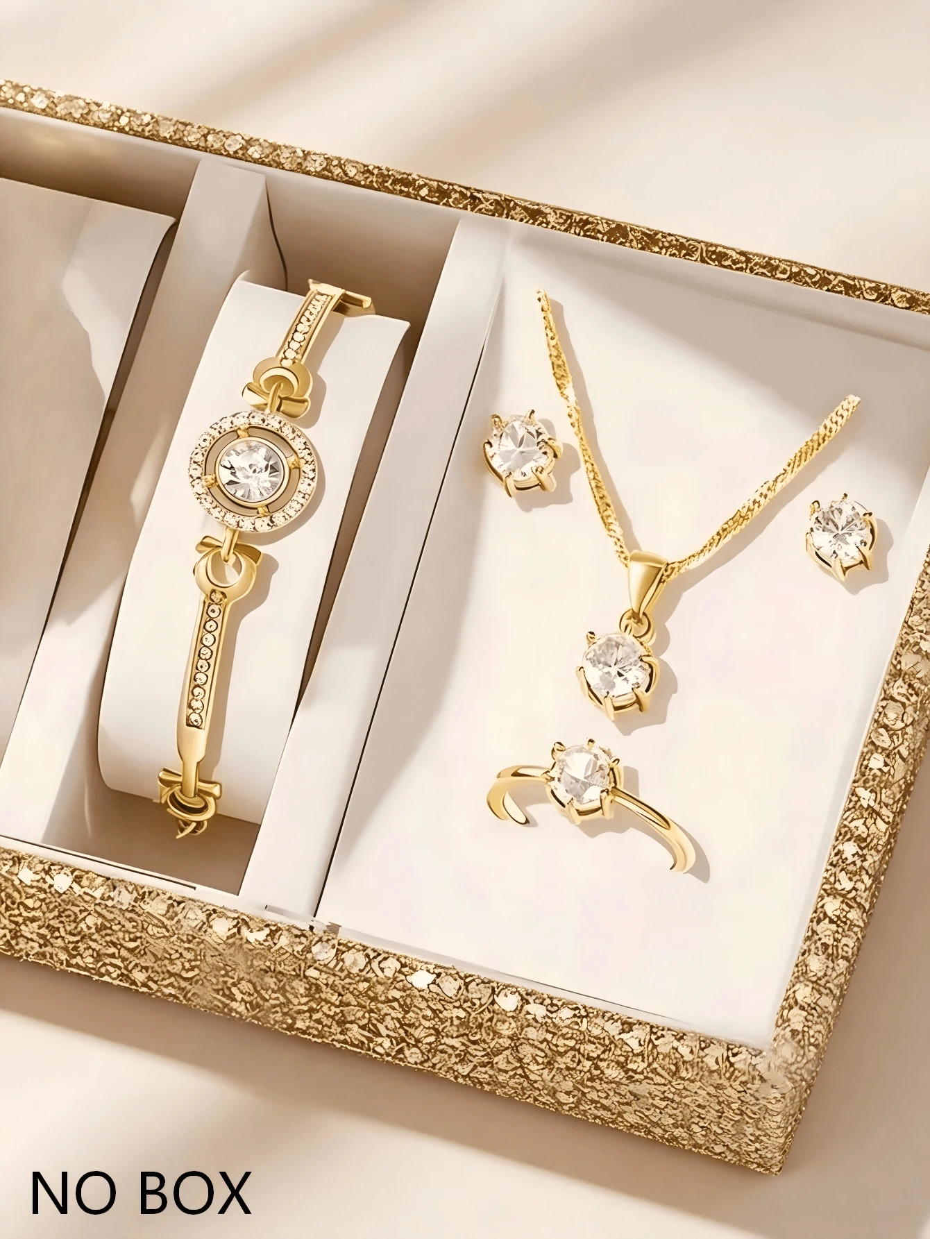 5pcs Elegant Heart Zirconia Jewelry Set, Twisted Chain Necklace, Stud Earrings & Open Ring Combination - Gold - View 1