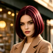باروكة بوب نسائية 12 بوصة باللون البرغندي مع فرق في المنتصف، قبعة شبكية قابلة للتعديل وقابلة للتنفس، سهلة ومريحة للارتداء، مناسبة للارتداء اليومي وحفلات العطلات والكوسبلاي - عنابي اللون - مشاهدة 4