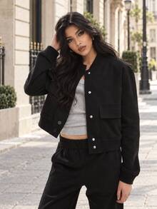 TRAFZA Women's Retro Solid Color Long Sleeve Jacket With Pockets And Buttons, Casual Autumn Bomber Jacket Black Spring - Black - View 8