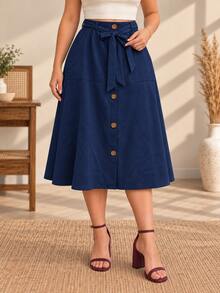 Falda Curvy Midi Azul Marino de Cintura Alta con Cinturón Ajustable, Bolsillos y Botones Frontales para Mujer - Azul Marino - Ver 2