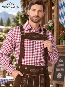 Red Gingham Cotton Shirt Oktoberfest Style - Burgundy Plaid - View 9