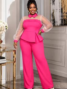 Plus Size 2 Pieces Outfit Lapel Collar Sheer Mesh Puff Long Sleeve Peplum Top And High Waist Wide Leg Pants Business Church Office Work Fall Suit - Hot Pink - View 2