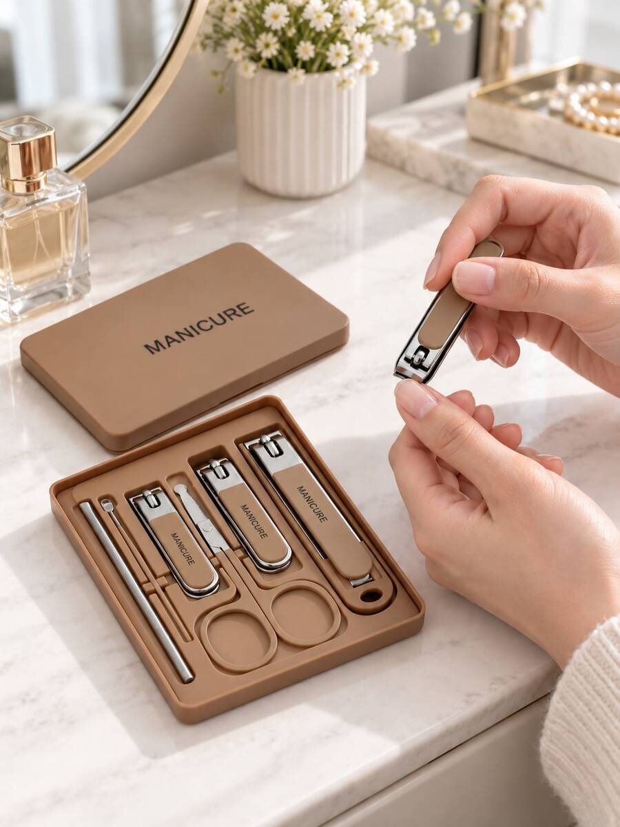 7-Piece Stainless Steel Manicure Set, Featuring Splash-Proof Nail Clippers, Scissors, Toenail Clippers, And Foot Care Tools To Meet Daily Hand Care Needs; Includes A Portable Storage Case, Making It Ideal For Both Home Use And Travel.