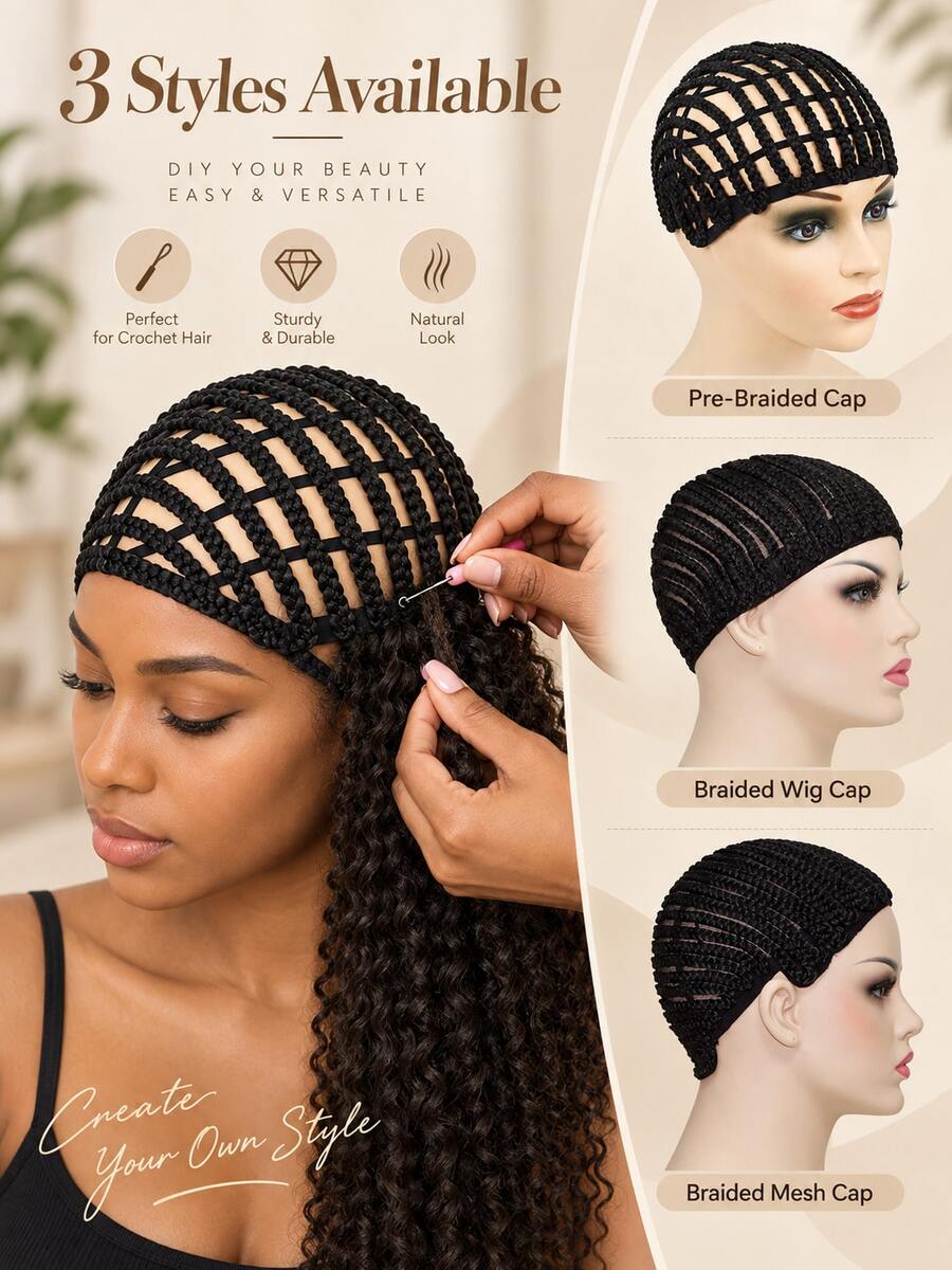 Refined Braided Wig Caps, Black Braided Wig Cap For Crochet Hair - Hook Braided Wig Net Liner Cap For Wig Making Breathable Crochet Mesh Base, Reusable Cornrow Ponytail Cap, Easy Glueless Sew-In Wig Making, Women Hair Extensions Accessories
